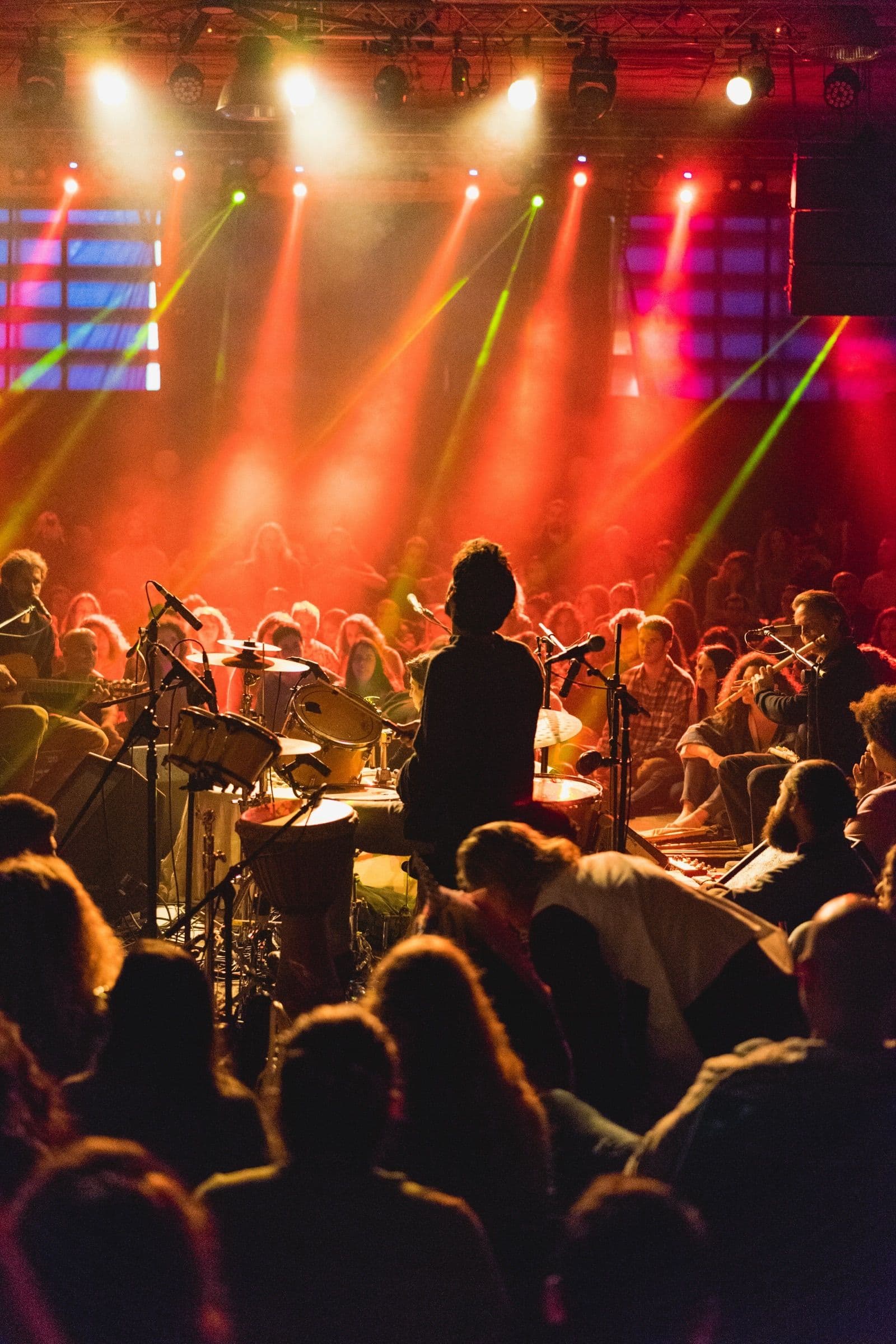Concert vist des del públic amb l'escenari il·luminat per focus vermells i verds.